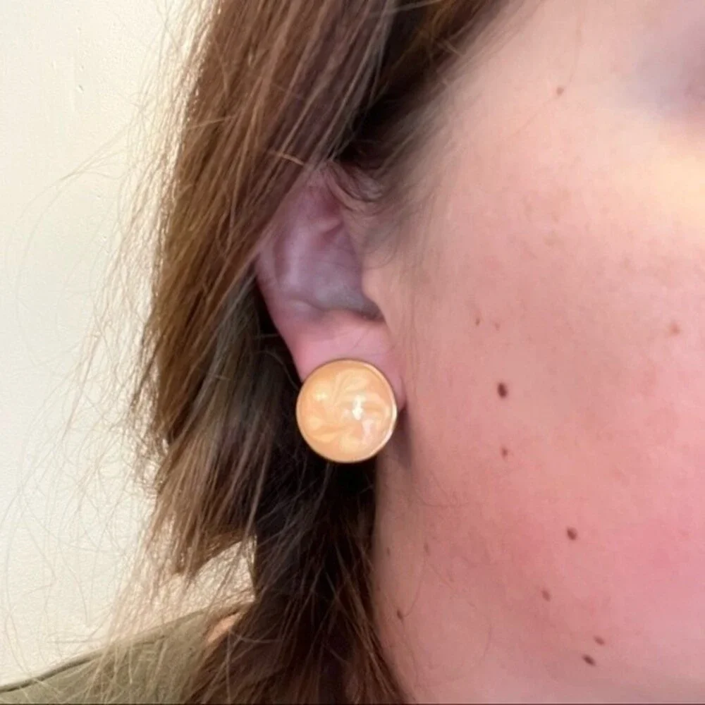 80s Vintage Button Earrings Orange Cream Swirl Circle Studs